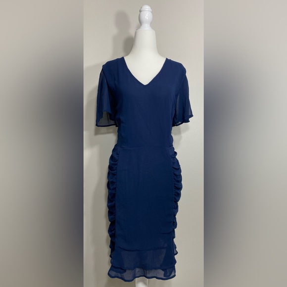 Size 16 Emma & Michele Navy Blue Dress w/ Ruffled Sides and Flowy Short-Sleeves - Picture 2 of 8